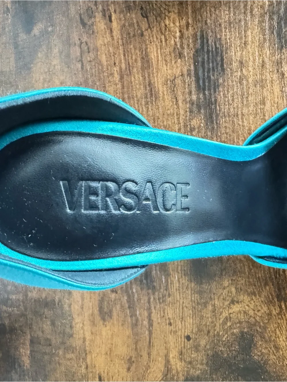 Versace Turquoise Satin Pointed Platform Ankle Strap Pumps
